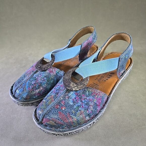 Spring Step Womens Swirlet Blum Sandal Size 36 5.5 Blue Red Leather Slip On Flat - Picture 1 of 10